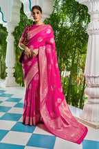 Vsaree Pink Silk Blend Saree With Designer Border And Heavy Pallu Along With Blouse