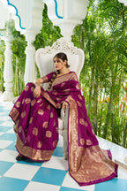 Vsaree Wine Silk Blend Saree With Designer Border And Heavy Pallu Along With Blouse