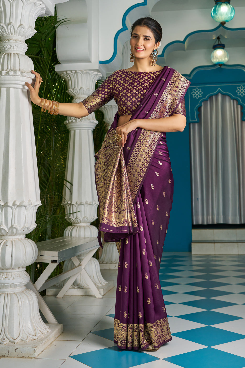 Vsaree Wine Silk Blend Saree With Designer Border And Heavy Pallu Along With Blouse