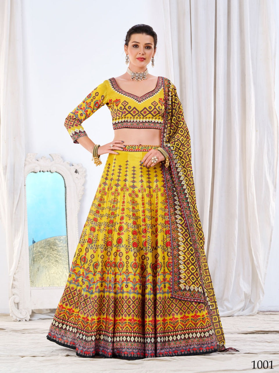 WOMEN'S YELLOW CHINON DIGITAL PRINT FESTIVE WEAR LEHENGA CHOLI
