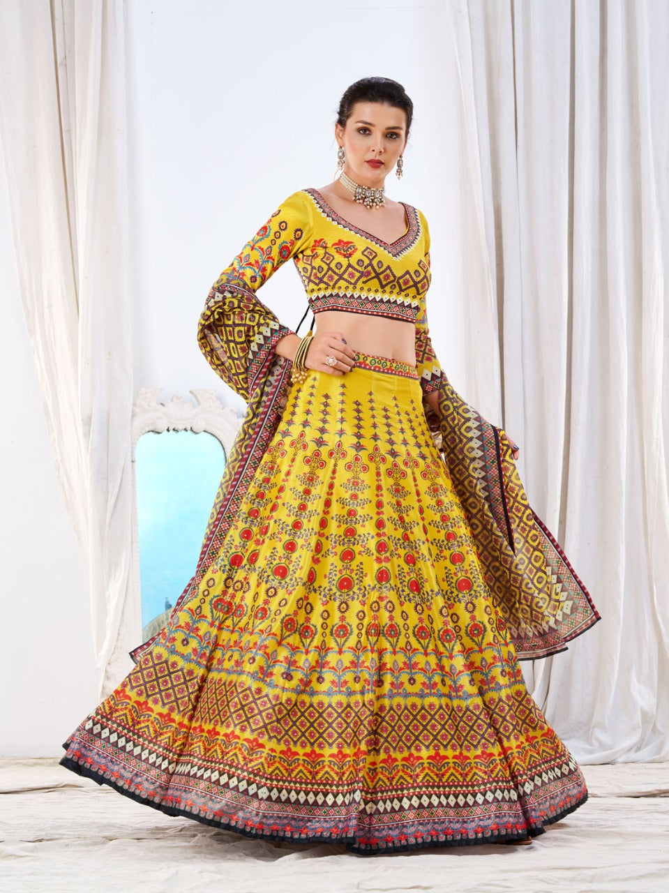 WOMEN'S YELLOW CHINON DIGITAL PRINT FESTIVE WEAR LEHENGA CHOLI