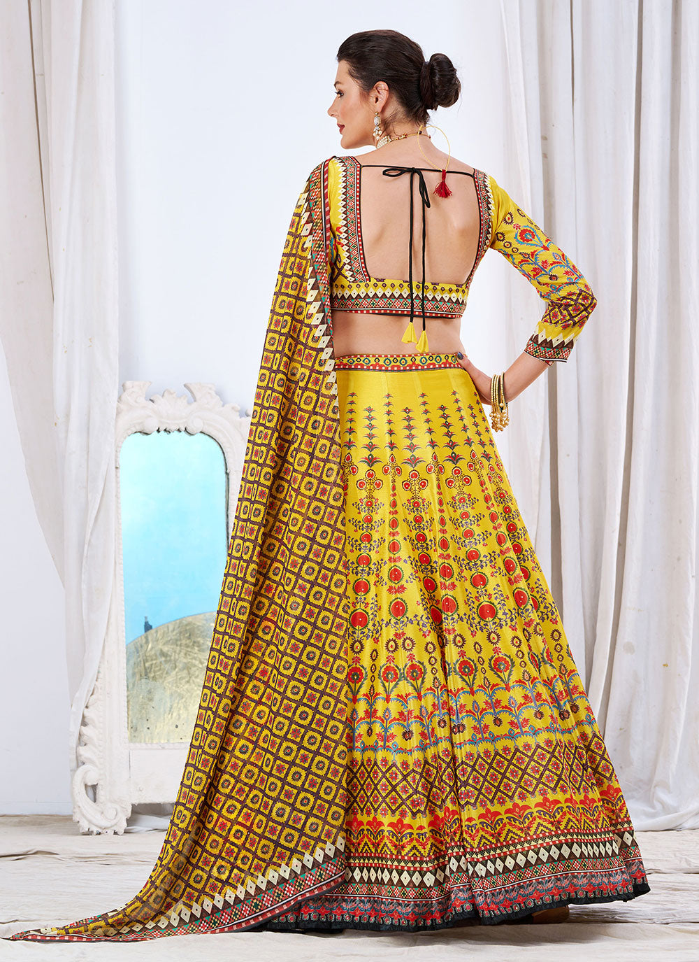 WOMEN'S YELLOW CHINON DIGITAL PRINT FESTIVE WEAR LEHENGA CHOLI