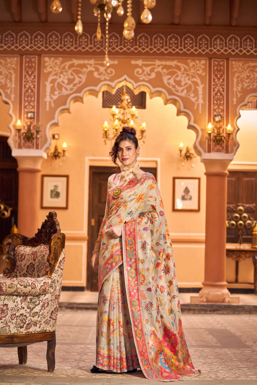 Vsaree Cream Cotton Blend Saree And Zari With Multiple Thread Work Pallu And Boder With Blouse