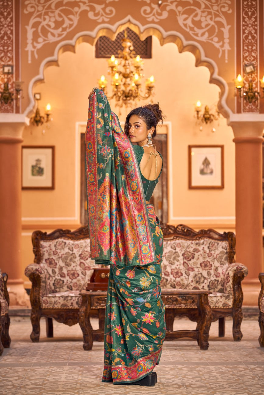 Vsaree Green Cotton Blend Saree And Zari With Multiple Thread Work Pallu And Boder With Blouse