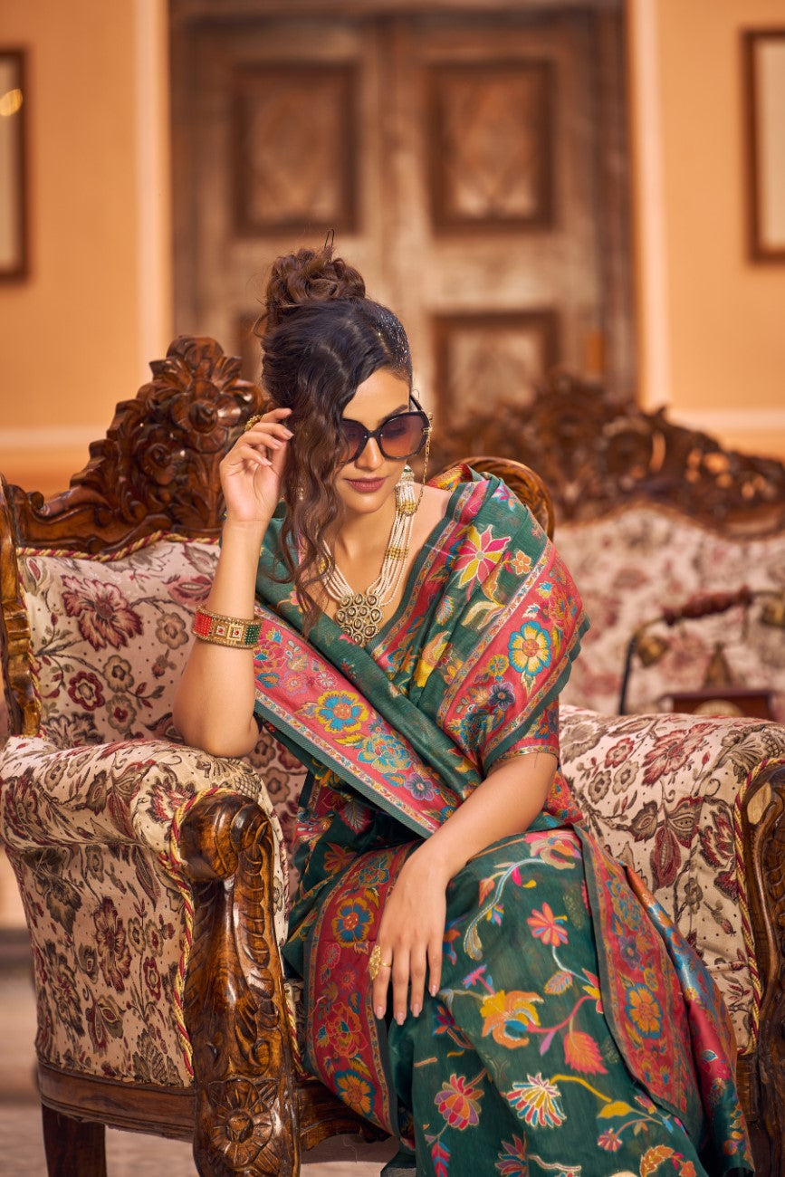 Vsaree Green Cotton Blend Saree And Zari With Multiple Thread Work Pallu And Boder With Blouse