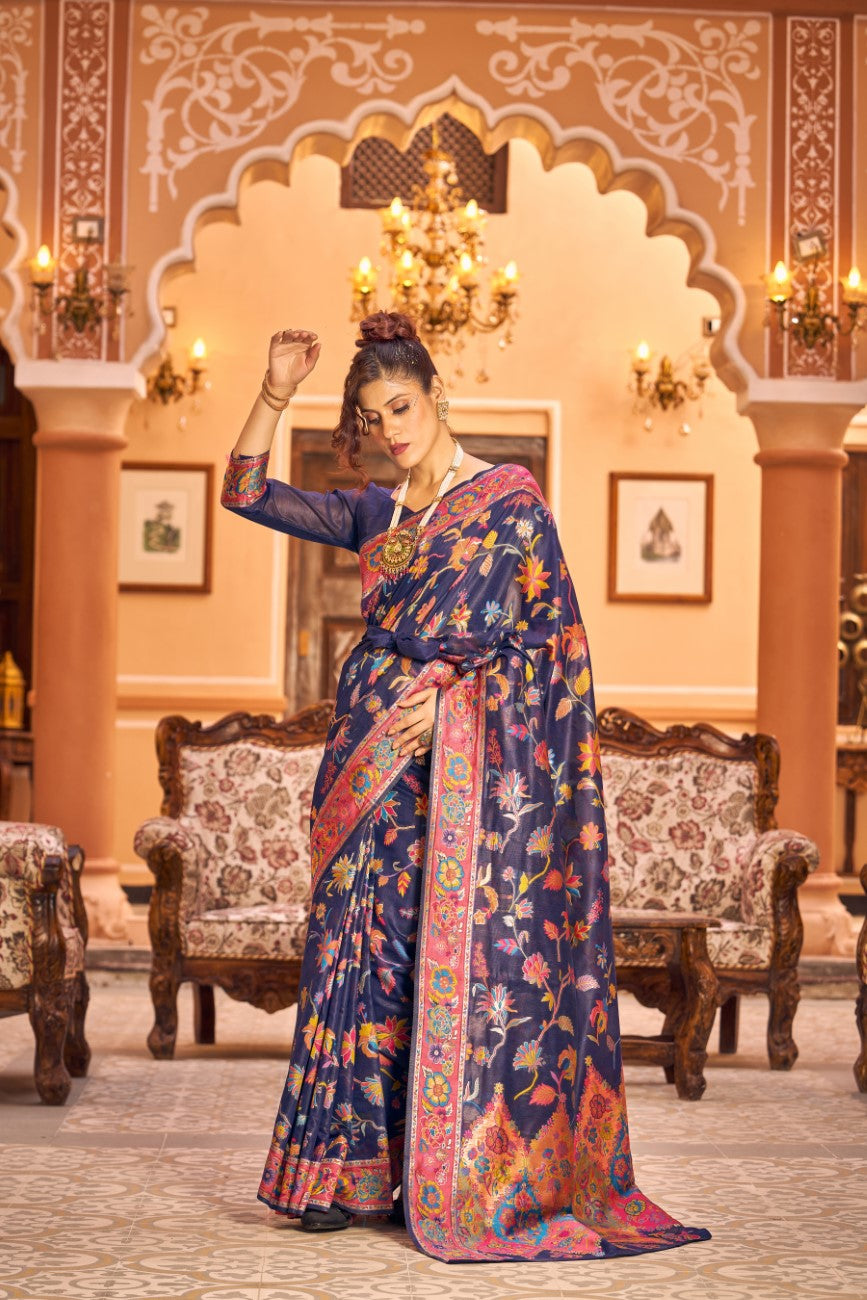 Vsaree Navy Blue Cotton Blend Saree And Zari With Multiple Thread Work Pallu And Boder With Blouse
