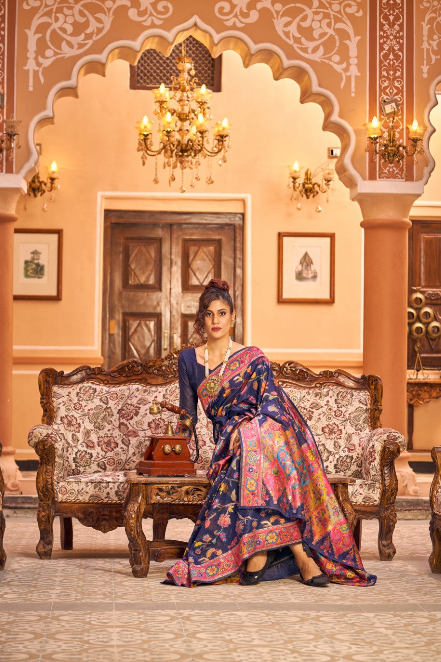 Vsaree Navy Blue Cotton Blend Saree And Zari With Multiple Thread Work Pallu And Boder With Blouse