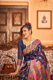 Vsaree Navy Blue Cotton Blend Saree And Zari With Multiple Thread Work Pallu And Boder With Blouse