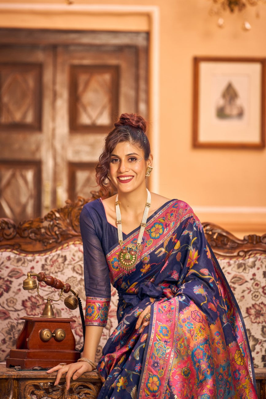 Vsaree Navy Blue Cotton Blend Saree And Zari With Multiple Thread Work Pallu And Boder With Blouse