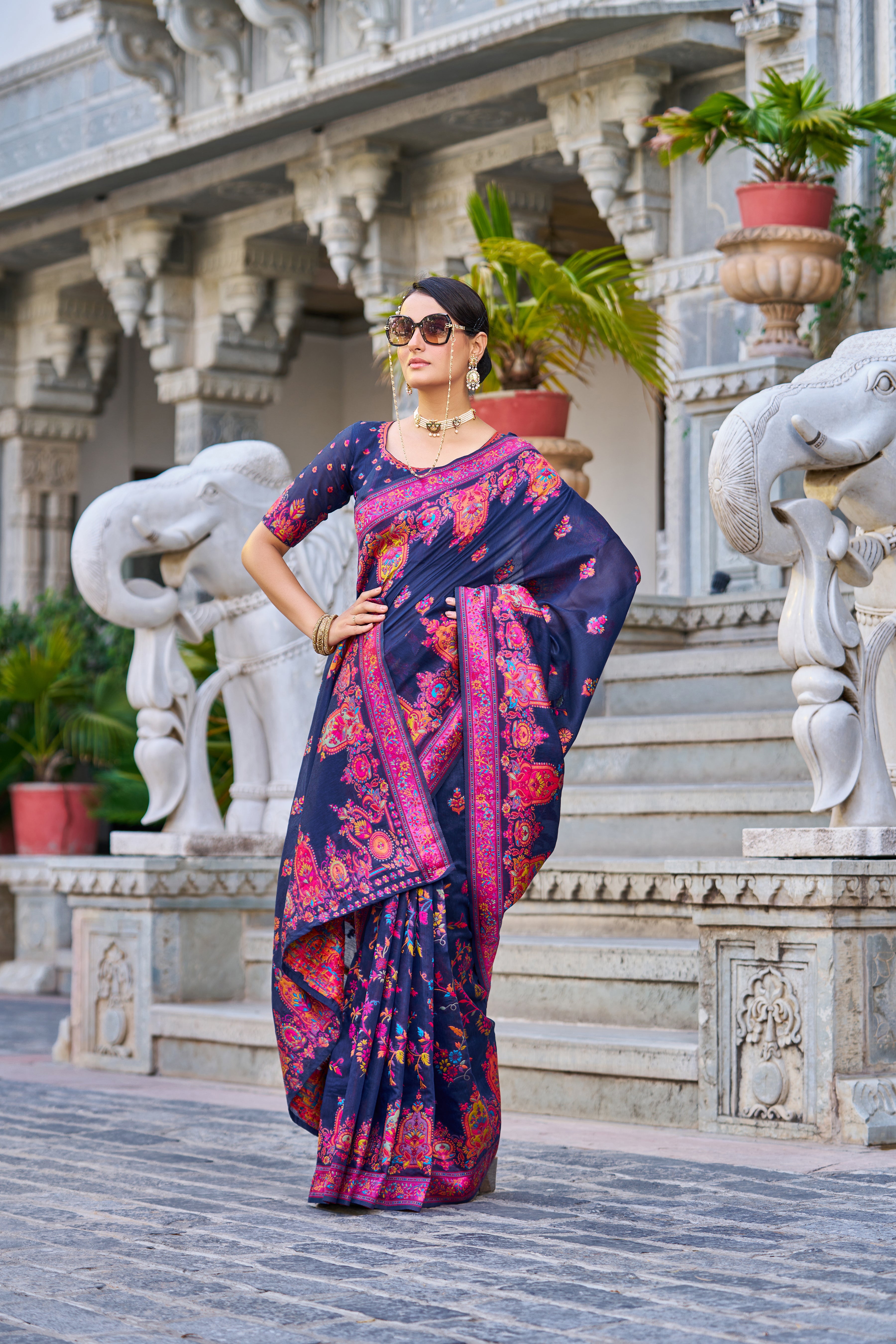 Vsaree Blue Cotton Blend Saree And Zari With Multiple Thread Work Pallu And Boder With Blouse