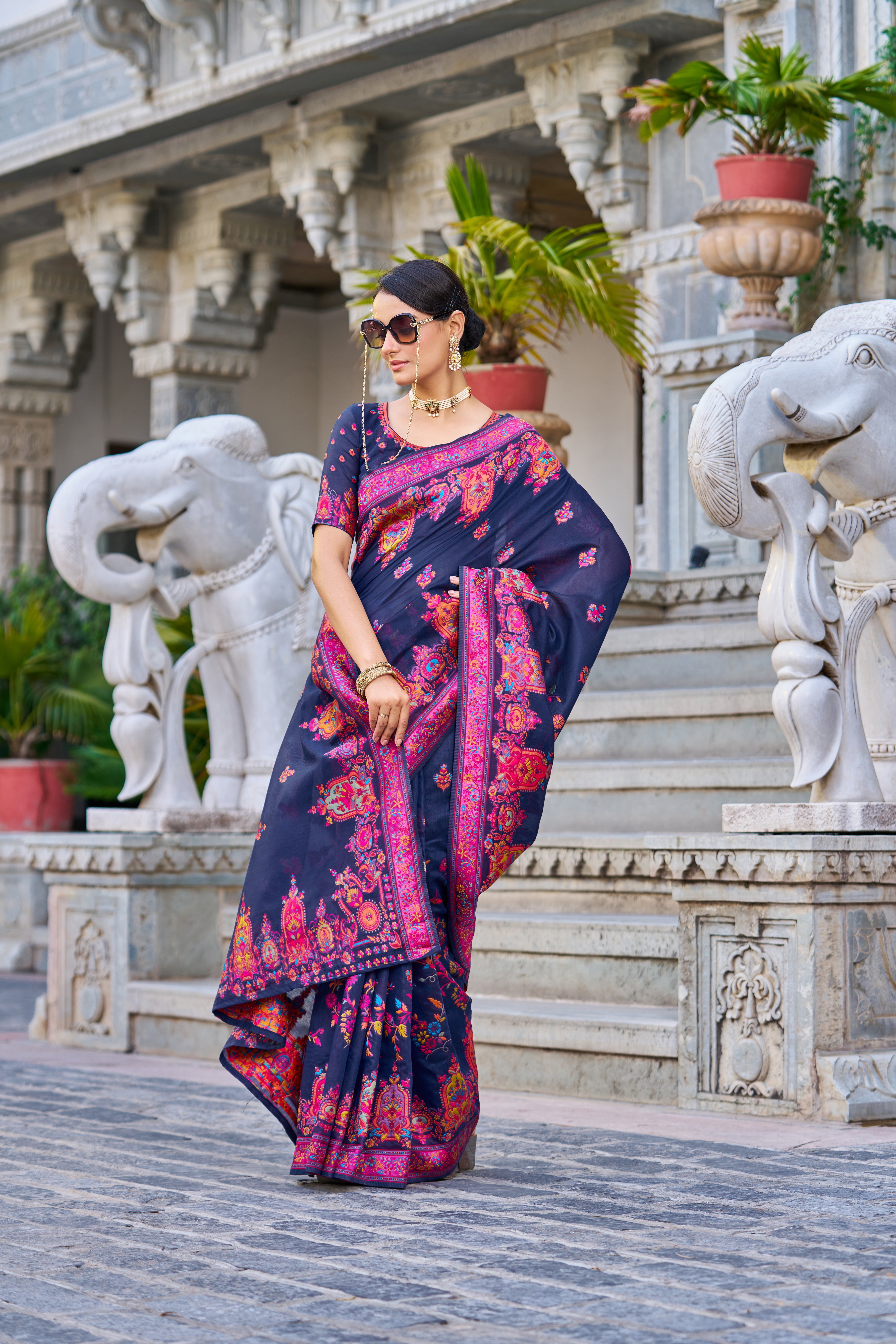 Vsaree Blue Cotton Blend Saree And Zari With Multiple Thread Work Pallu And Boder With Blouse