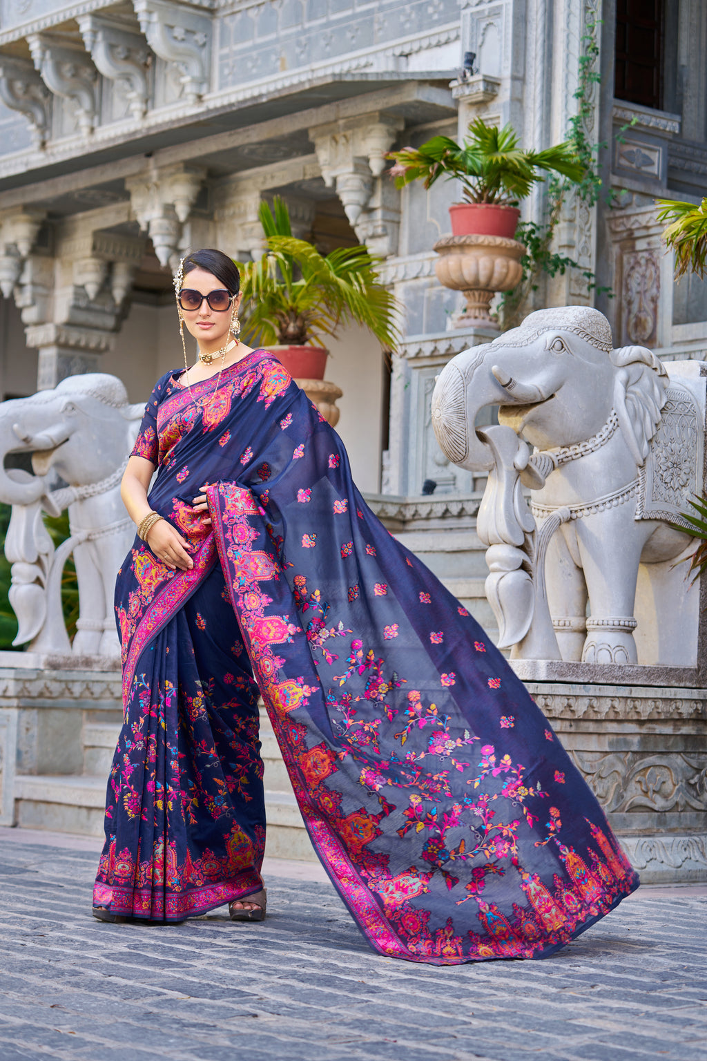 Vsaree Blue Cotton Blend Saree And Zari With Multiple Thread Work Pallu And Boder With Blouse