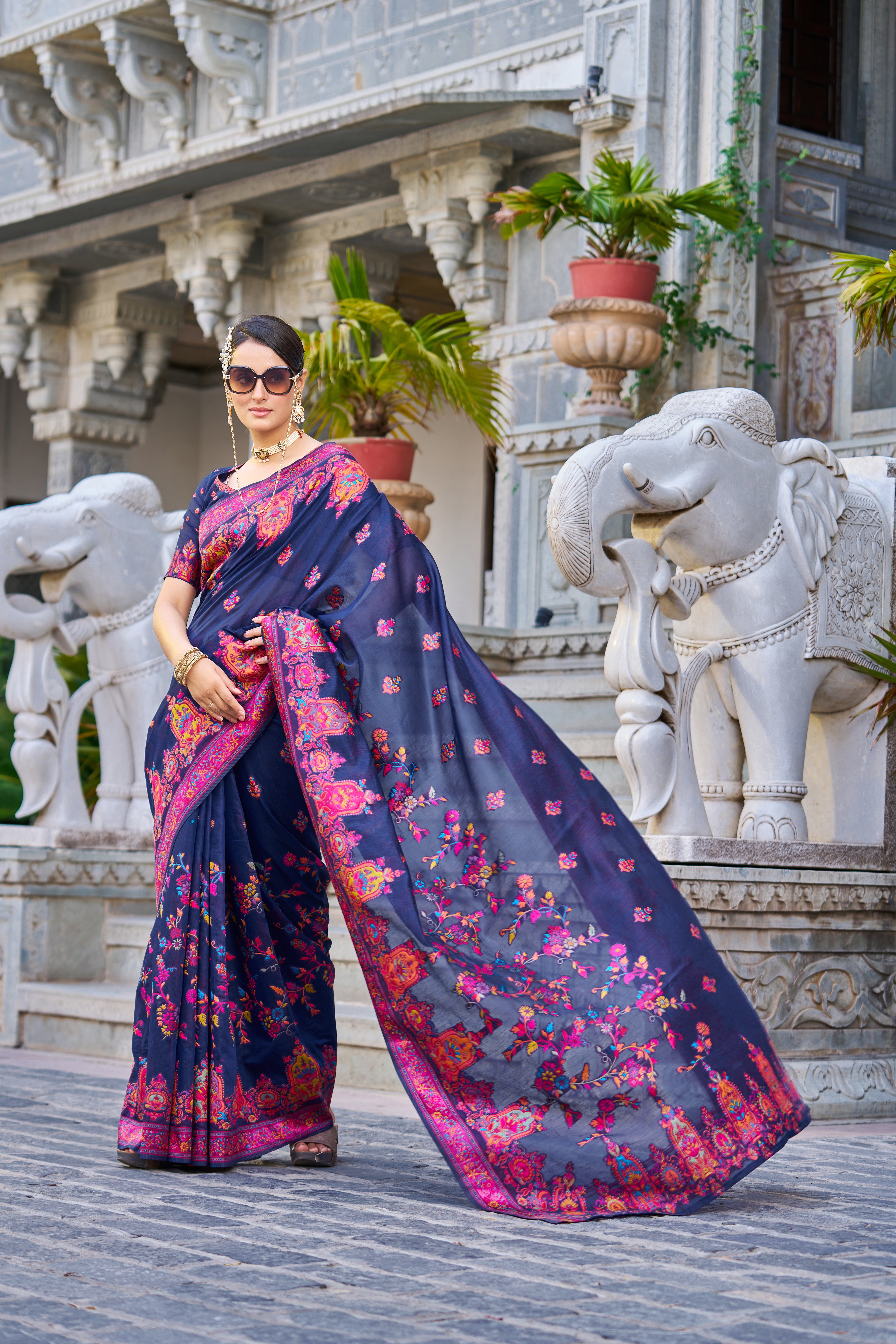 Vsaree Blue Cotton Blend Saree And Zari With Multiple Thread Work Pallu And Boder With Blouse