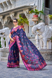 Vsaree Blue Cotton Blend Saree And Zari With Multiple Thread Work Pallu And Boder With Blouse