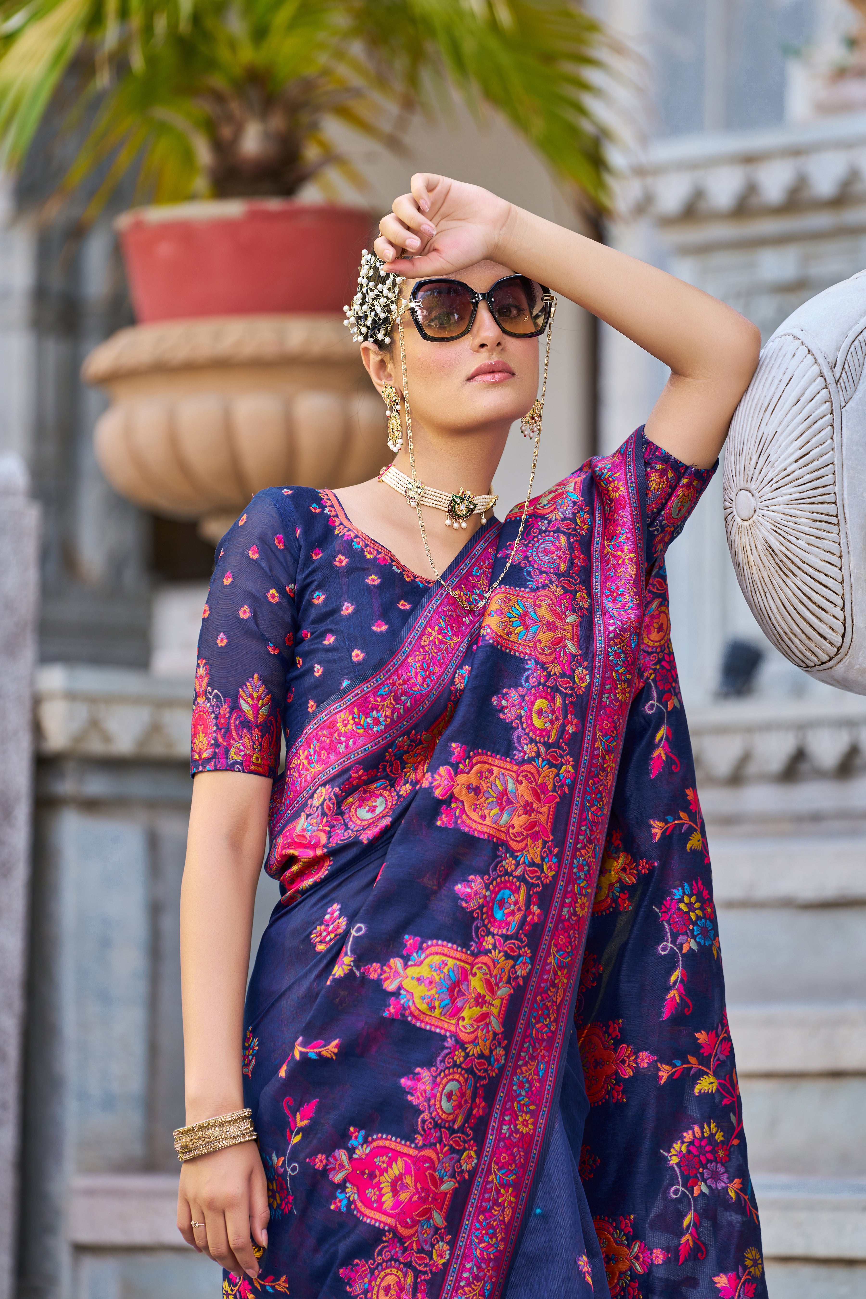 Vsaree Blue Cotton Blend Saree And Zari With Multiple Thread Work Pallu And Boder With Blouse