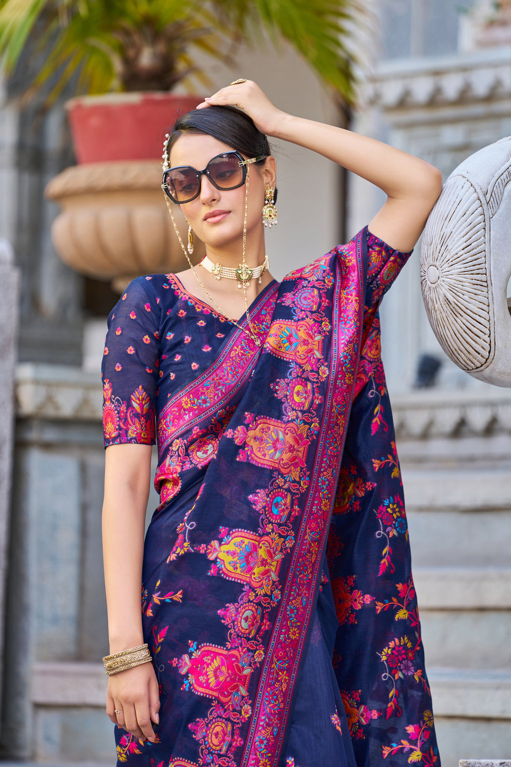 Vsaree Blue Cotton Blend Saree And Zari With Multiple Thread Work Pallu And Boder With Blouse