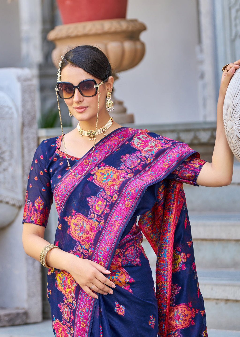 Vsaree Blue Cotton Blend Saree And Zari With Multiple Thread Work Pallu And Boder With Blouse