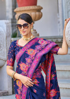 Vsaree Blue Cotton Blend Saree And Zari With Multiple Thread Work Pallu And Boder With Blouse