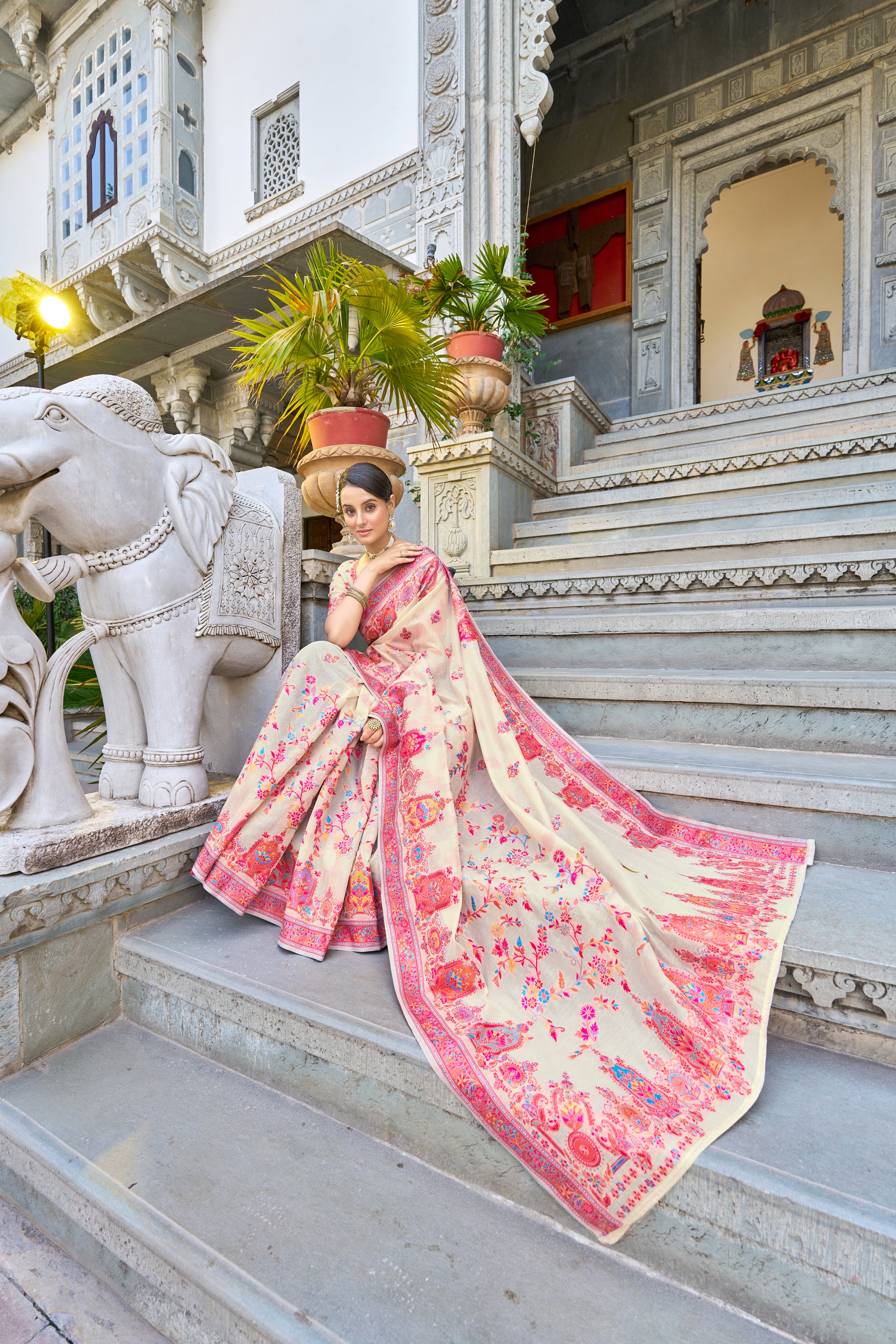 Vsaree Cream Cotton Blend Saree And Zari With Multiple Thread Work Pallu And Boder With Blouse