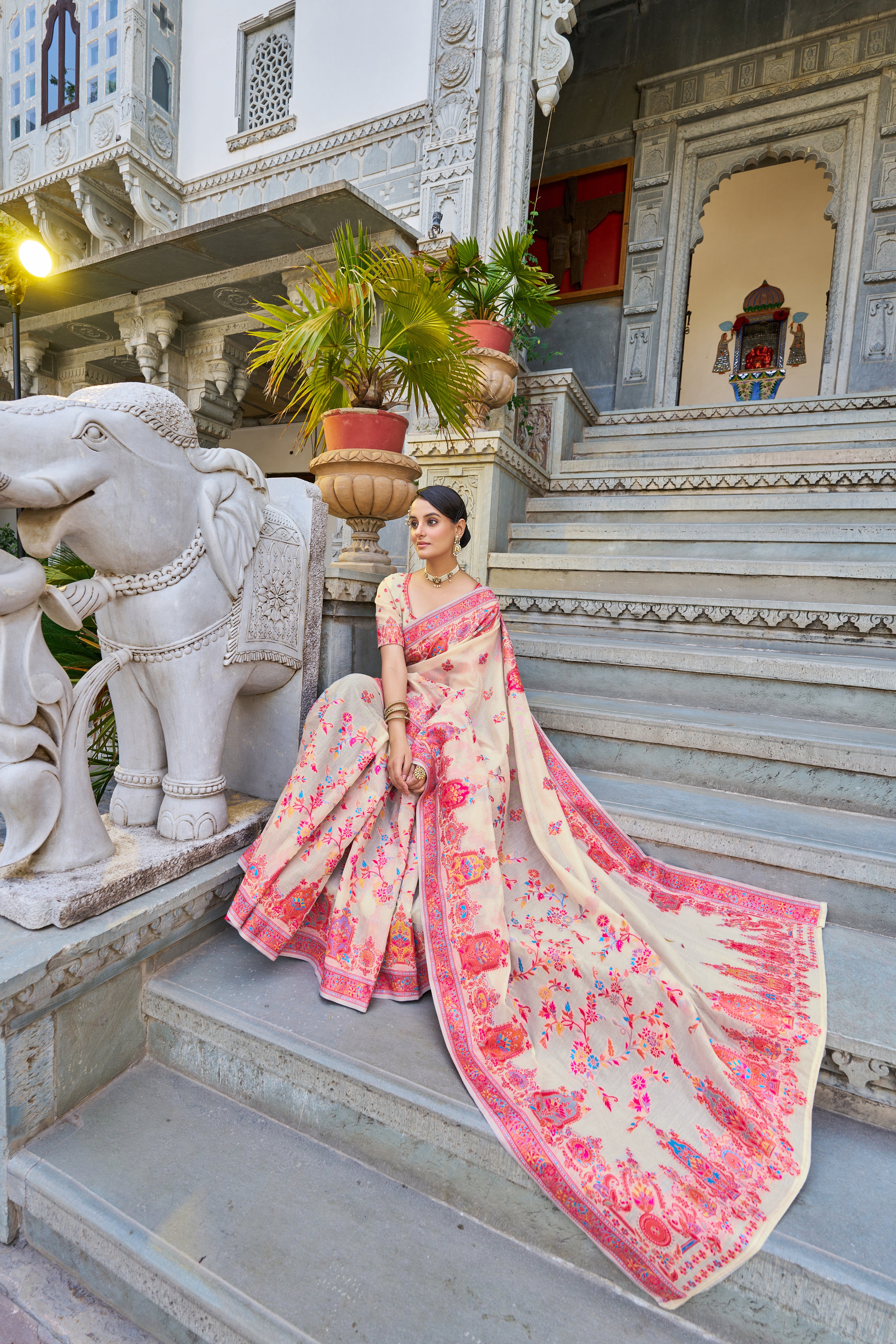 Vsaree Cream Cotton Blend Saree And Zari With Multiple Thread Work Pallu And Boder With Blouse