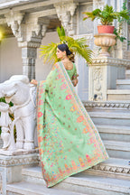 Vsaree Parrot Cotton Blend Saree And Zari With Multiple Thread Work Pallu And Boder With Blouse