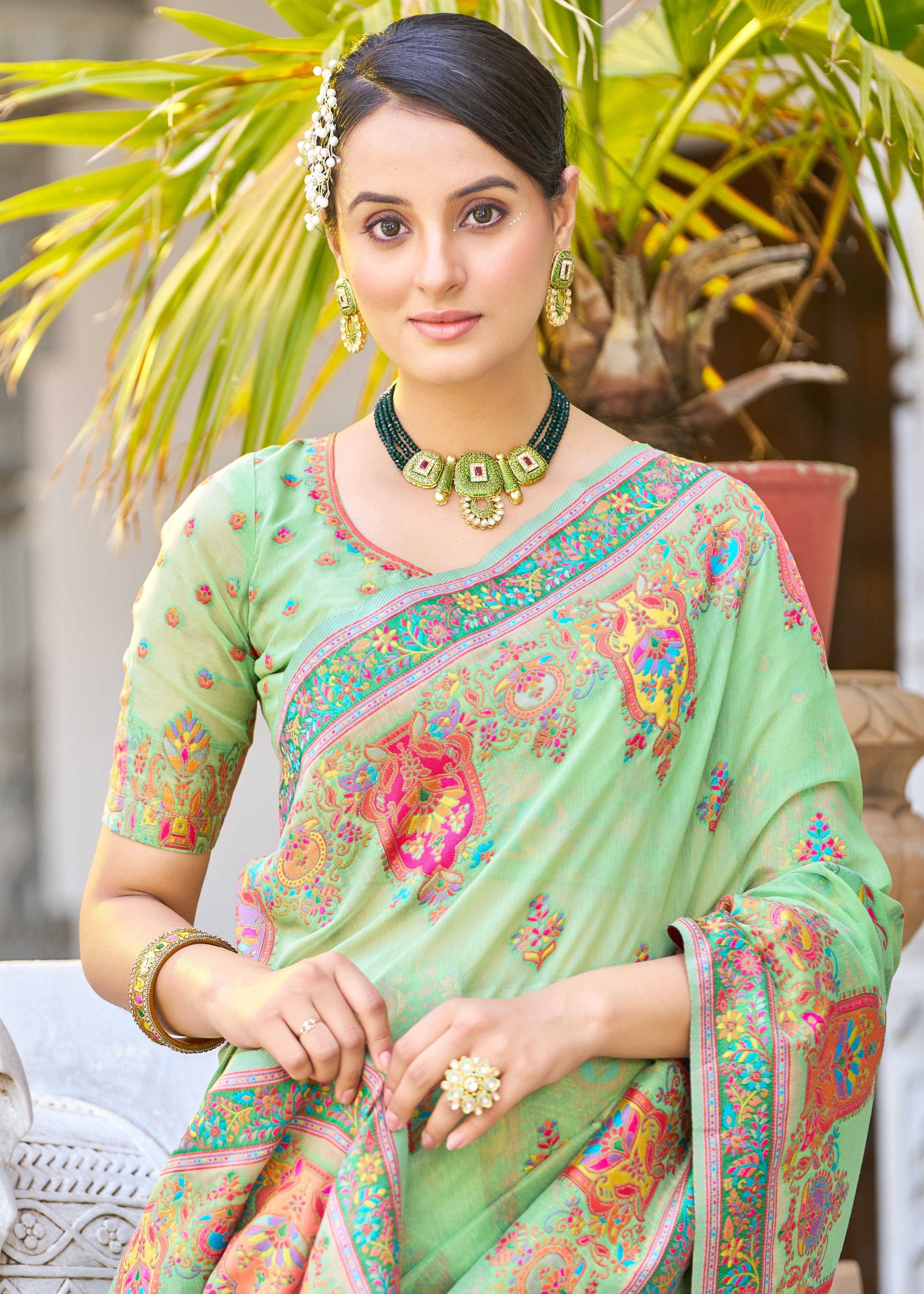 Vsaree Parrot Cotton Blend Saree And Zari With Multiple Thread Work Pallu And Boder With Blouse