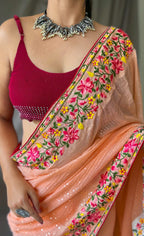 Vsaree Embroidery And Sequence Work Saree And Rich Pallu Saree With Blouse For Women
