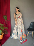 Designer Katha Stitch Saree And Printed Zari Weaving Border Saree With Rich Pallu And Blouse