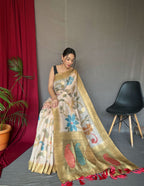 Designer Katha Stitch Saree And Printed Zari Weaving Border Saree With Rich Pallu And Blouse