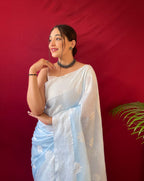 Designer Pure Cotton Silk Butti Border With Lacknowi Design Saree And Blouse