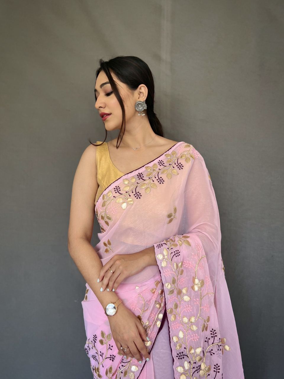 Designer Gotti Patti Work And Golden Zari Weaving Chiffon Silk Saree With Having Rich Pallu