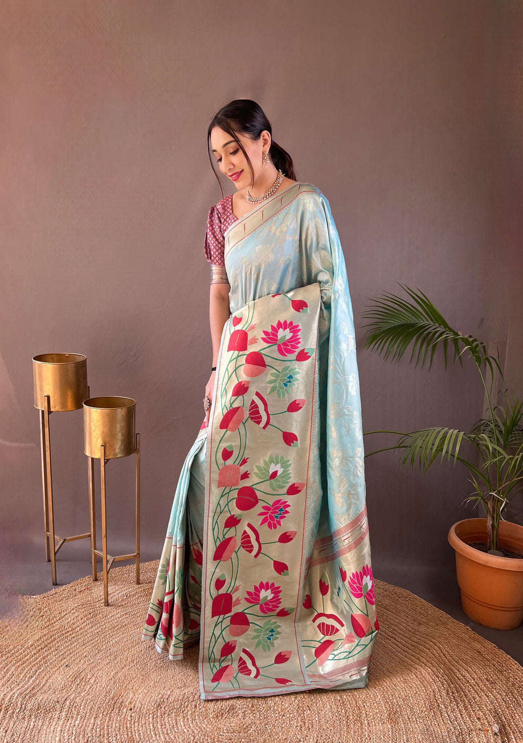 Vsaree Banarasi Paithani Silk Flower Border And Zari Weaving Rich Pallu With Blouse