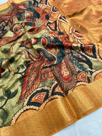 Vsaree Tussar Silk Kalamkari Border And Zari Weaving Rich Pallu With Blouse