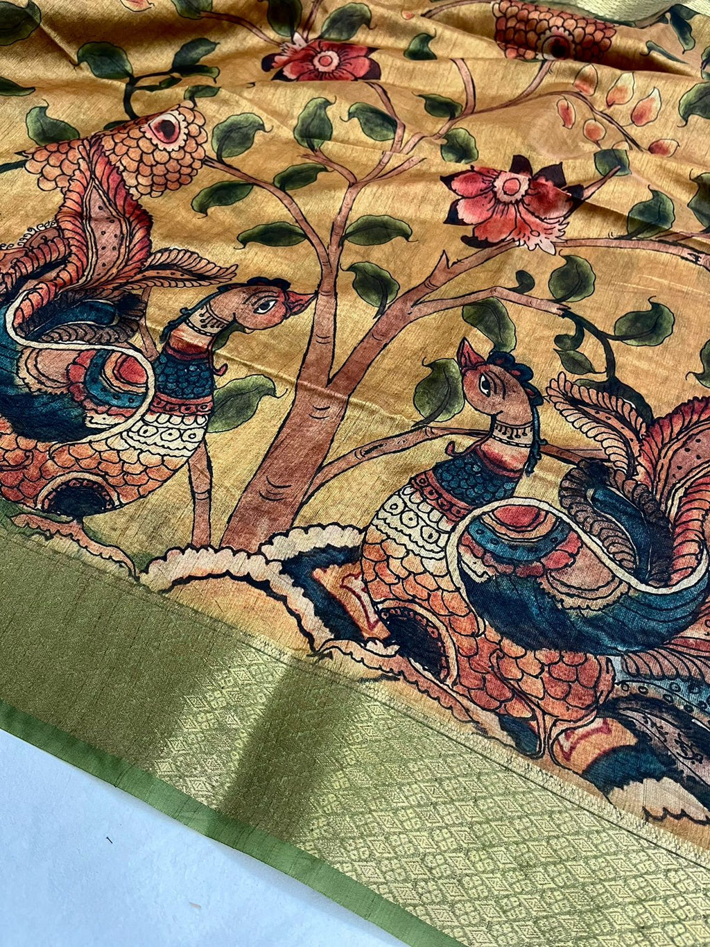 Vsaree Tussar Silk Kalamkari Border And Zari Weaving Rich Pallu With Blouse