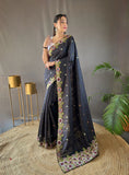 Vsaree Tussar Silk Kalamkari Border And Zari Weaving Rich Pallu With Blouse