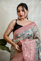 Vsaree Mushroom Silk Silver Weaving Digital Printed Borders And Rich Pallu With Blouse