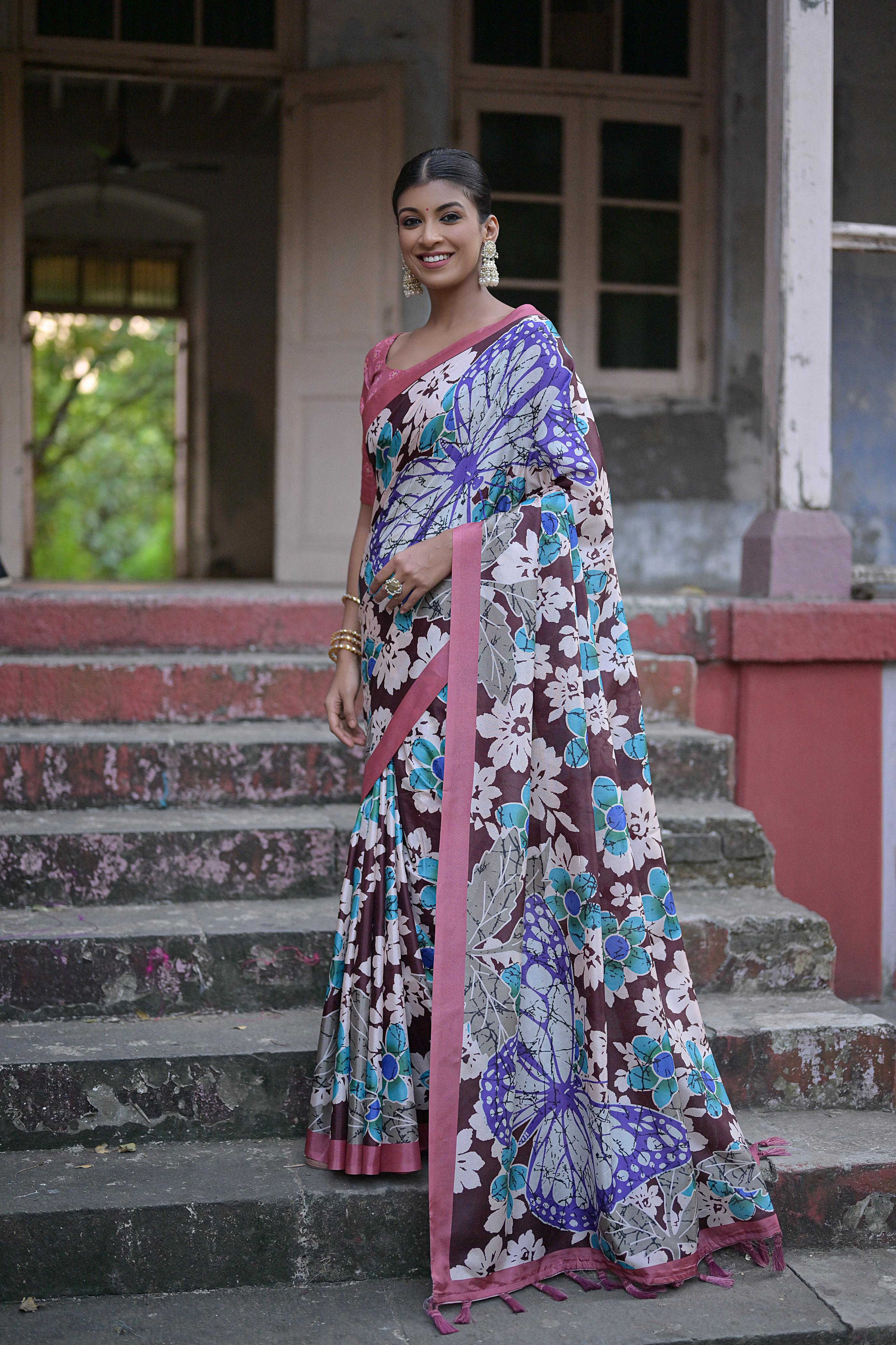 Vsaree Coffee Soft Silk Saree With all over traditional floral print And Blouse
