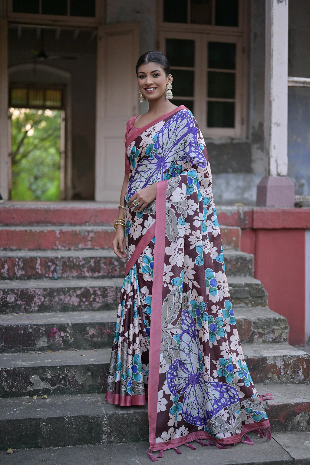 Vsaree Coffee Soft Silk Saree With all over traditional floral print And Blouse