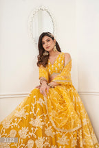 WOMEN'S MUSTARD BUTTERFLY NET WITH SEQUINS AND EMBROIDERY WORK LEHENGA CHOLI FOR WEDDING