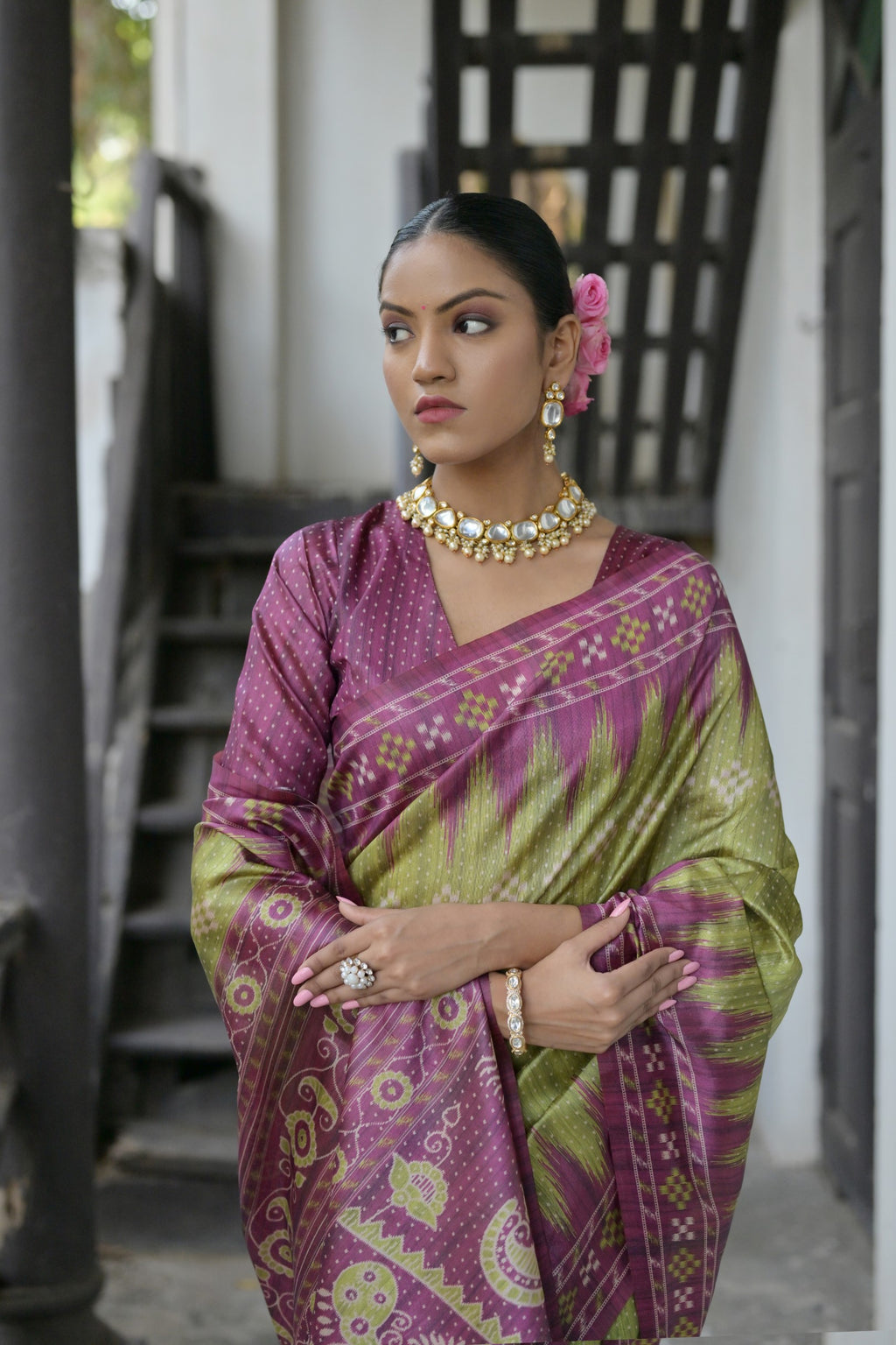 Vsaree Mehendi Tussar Silk Saree with Traditional Temple Printed Border And Ikkat Print pallu And Blouse