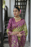 Vsaree Mehendi Tussar Silk Saree with Traditional Temple Printed Border And Ikkat Print pallu And Blouse