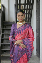 Vsaree Rani Pink Tussar Silk Saree with Traditional Temple Printed Border And Ikkat Print pallu And Blouse