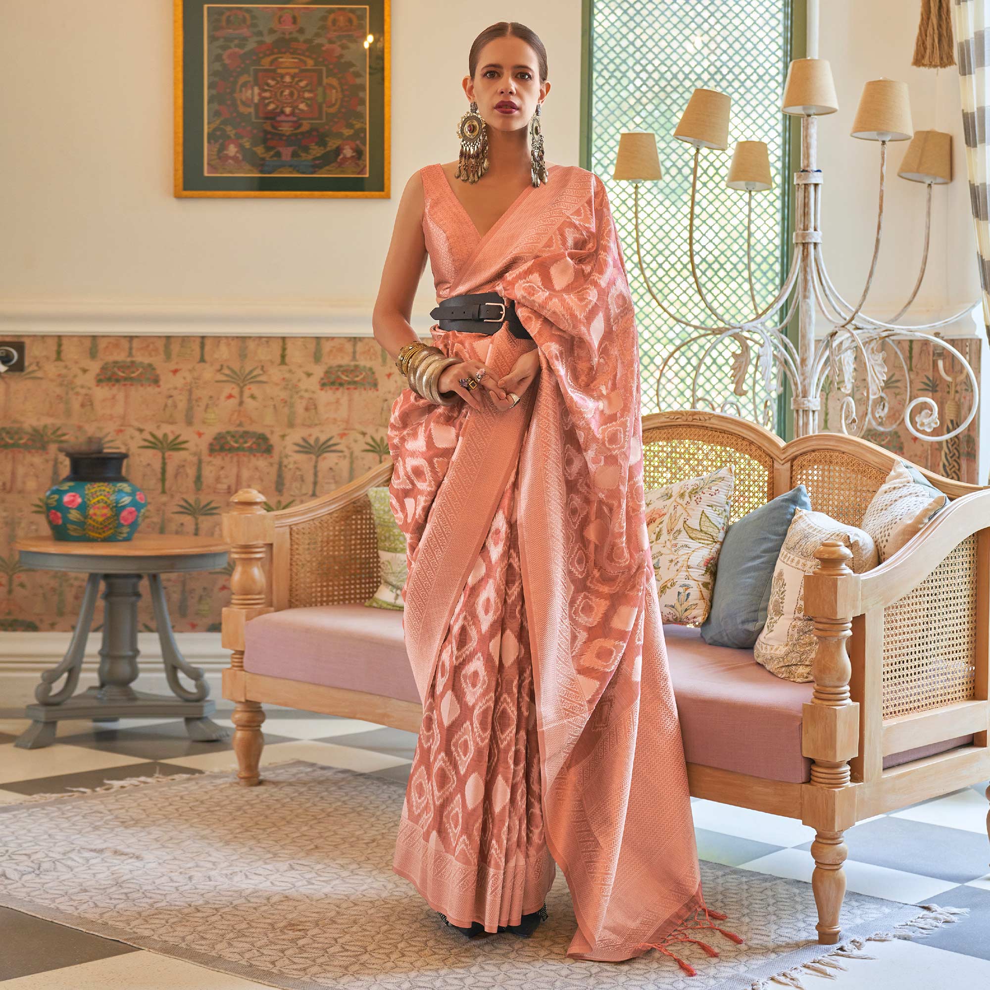 Tissue Silk Traditional Party Wear Printed Golden Zari Weaving Border Saree With Designer Pallu And Zari Weaving Blouse