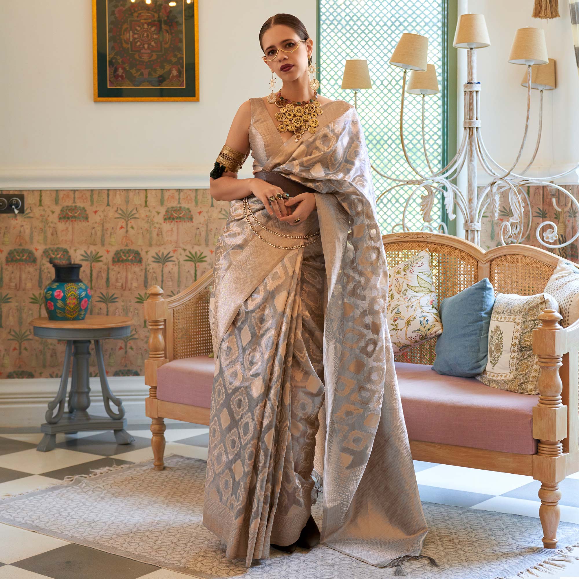 Tissue Silk Traditional Party Wear Printed Golden Zari Weaving Border Saree With Designer Pallu And Zari Weaving Blouse