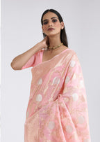 Traditional Flower Design Linen Silk Golden Zari Weaving Border Saree With Designer Pallu And Zari Weaving Butti Design Blouse