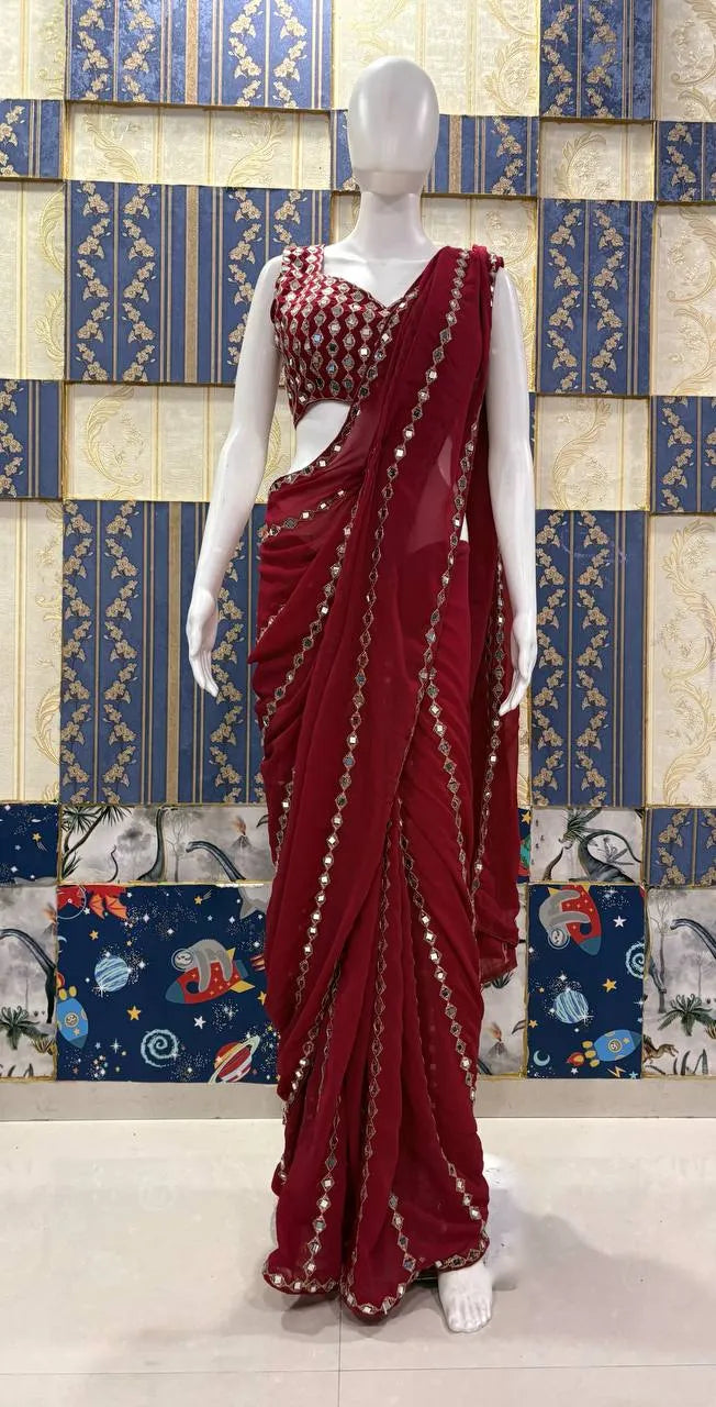 Faux Georgette Real Mirror Work Saree Embroidery Sequins Real Mirror Work