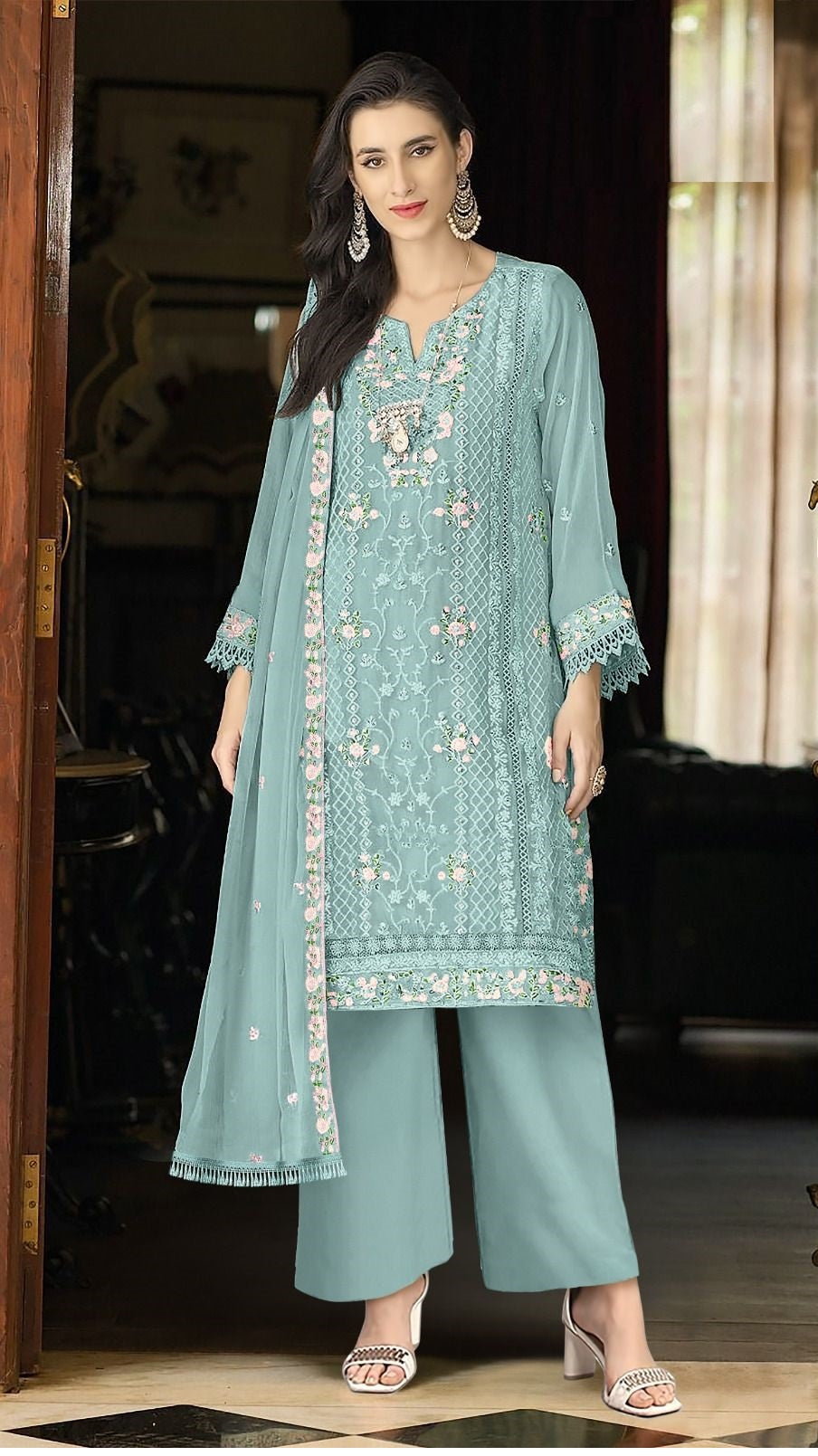Function And Wedding Wear Pakistani Style  Emboidery Pure Georgette Semi Stitched Dress Matrials