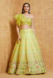 ملابس حريرية صفراء للسيدات مطرزة بمرآة لحفلات العمل، LEHENGA CHOLI 