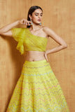 ملابس حريرية صفراء للسيدات مطرزة بمرآة لحفلات العمل، LEHENGA CHOLI 
