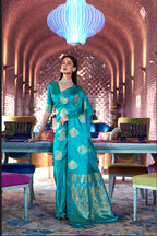 Vsaree Designer Party Wear Golden Zari Weaving Butti Design Saree With Matching Blouse And Heavy Pallu.